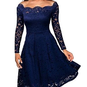 Navy Blue Lace Floral Off The Shoulder Dress